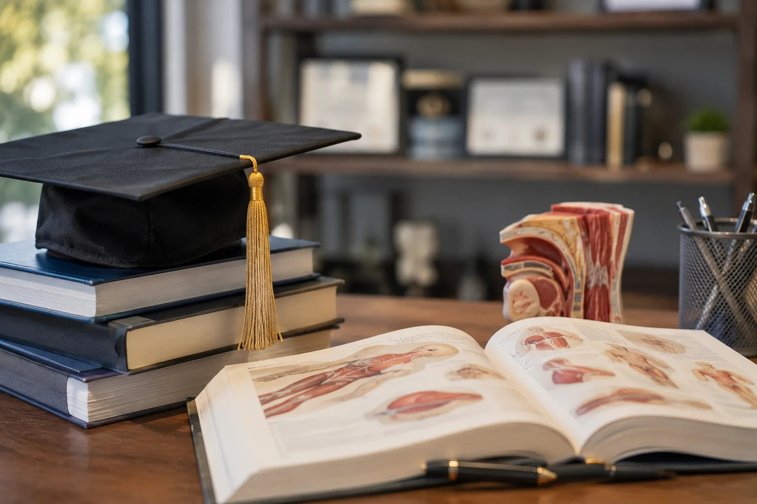 Medical textbook and graduation cap representing the rigorous training and education of a board-certified plastic surgeon